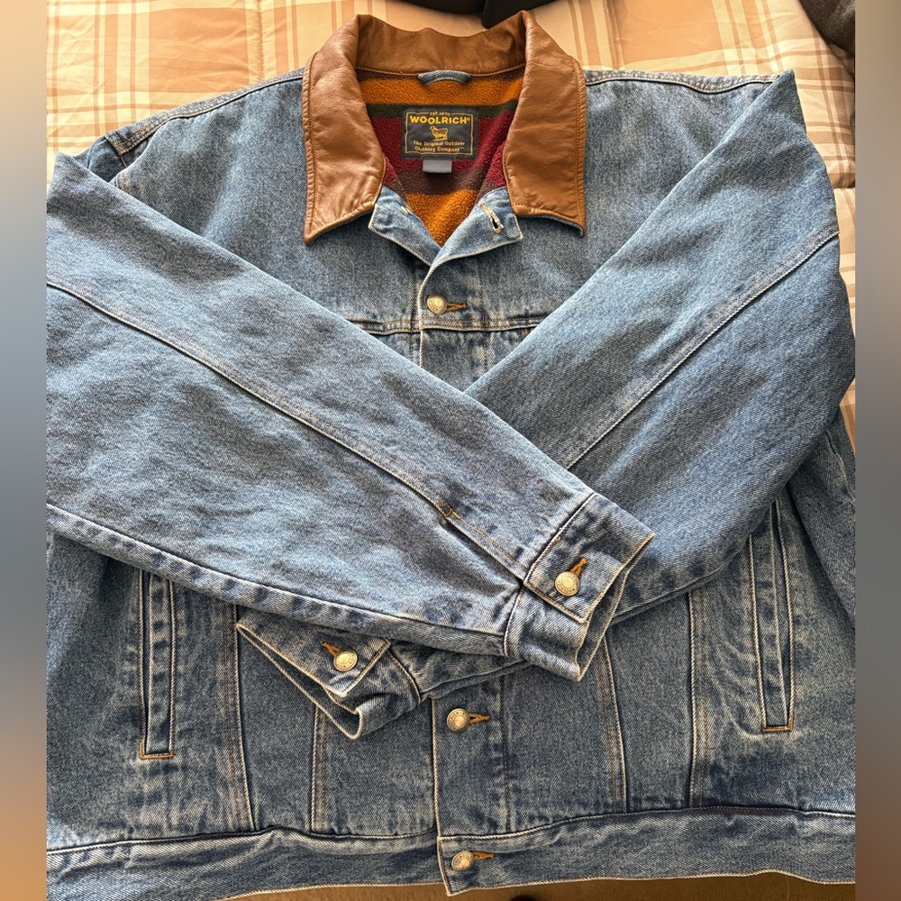 Woolrich Mens Denim Jacket Blanket Lined Leather Collar Button Front Size XL